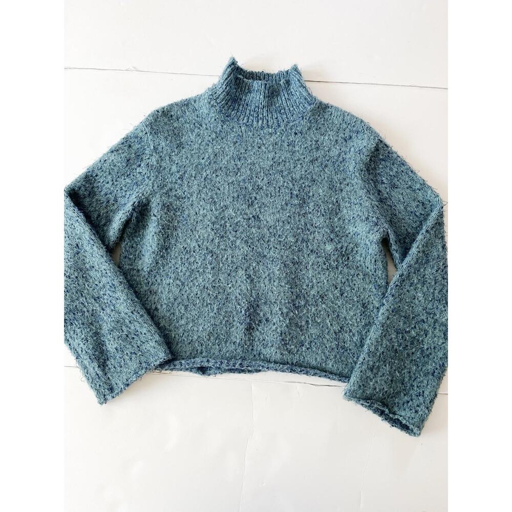 Moth Sweater Women XS Blue Mock Neck Fuzzy Knit Cropped Soft Cozy Chunky